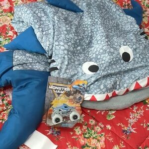 Monster Jam Blue Shark Plush Blanket with Toy Car